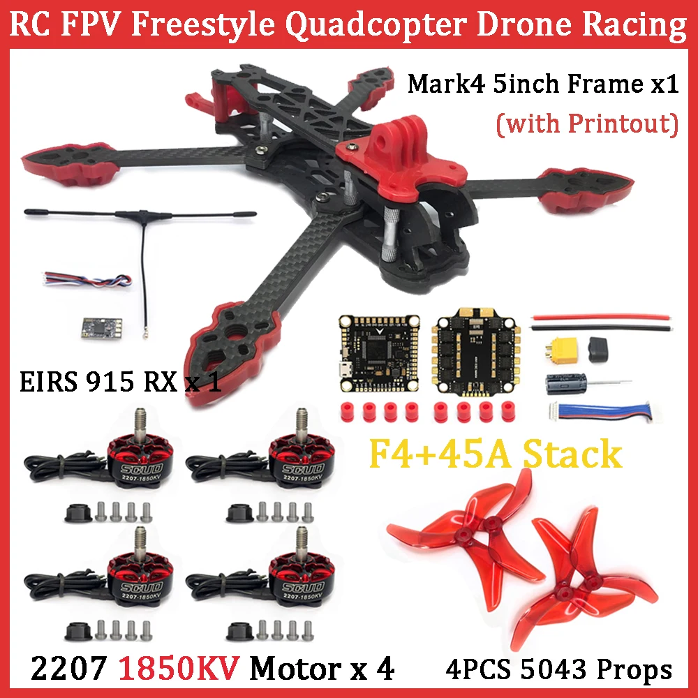 

Mark4 5inch FPV Frame Kit with Printout 2207 1850KV/2550KV Motor F4 FC 45A ESC Stack 5043 Propeller ELRS 915mhz for RC FPV Drone