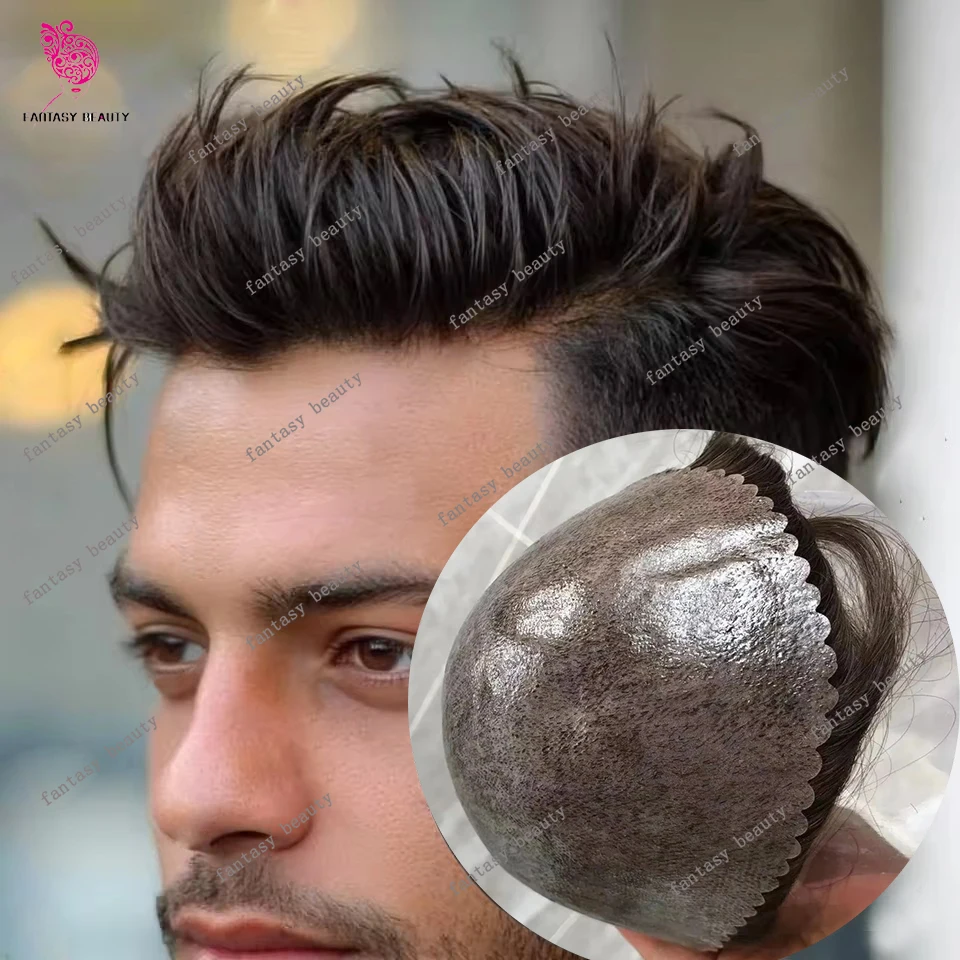 

#4 #6 #3 Ash Brown Black Natural Hairline Super Durable 0.1mm PU Injection Men Toupee Gray 1B20 1B40 100% Human Hair Wig Systems