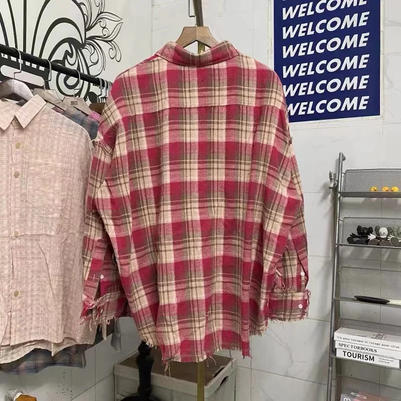 New Washed Red SUNTEE ZA Vintage Tassel Plaid High Quality 1:1 Mens Womens Long Sleeve Shirt