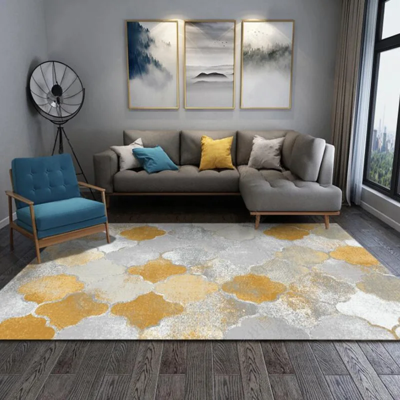 

Yellow White Gray Flower Rug Geometric Modern Style Rug and Rug Next To Nordic Cushions In Living Room Next To Sofa