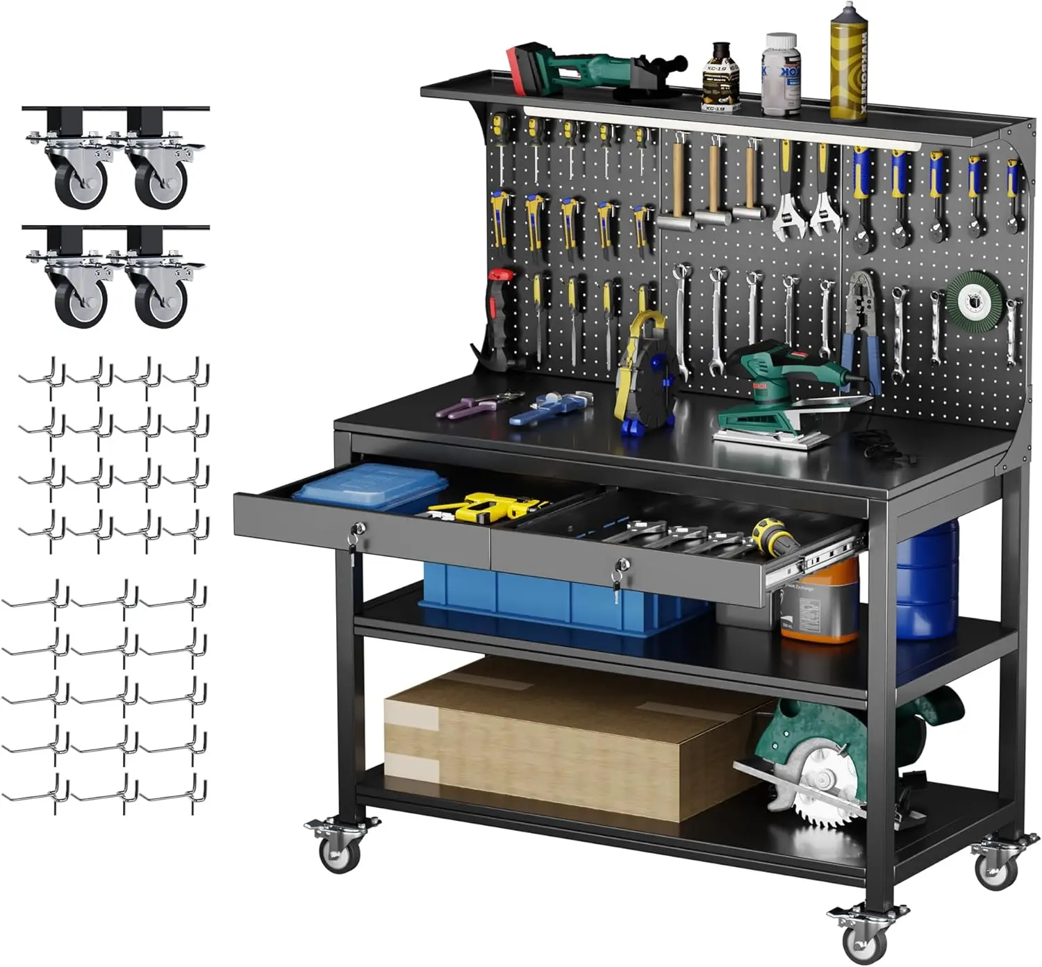 

Metal Workbench,3 Levels Workbench with Pegboard &35 Hooks for Garage Warehouse Utility Room,Black Tool Bench, Assembly Required