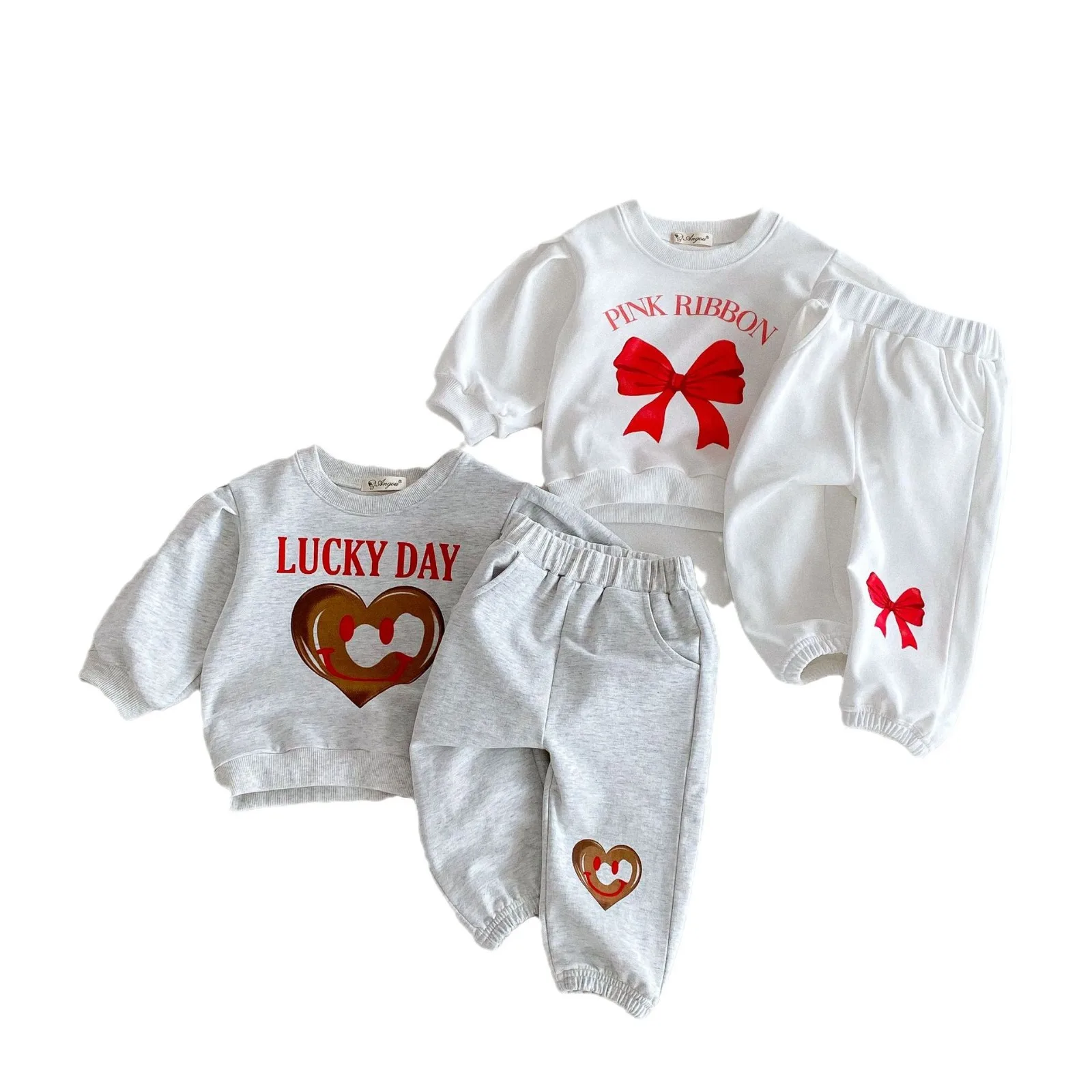 2024 Autumn New Children Cotton Sports Set Boys Girls Bow Heart Letter Print Sweatshirt + Pants 2pcs Suit Kids Casual Outfits