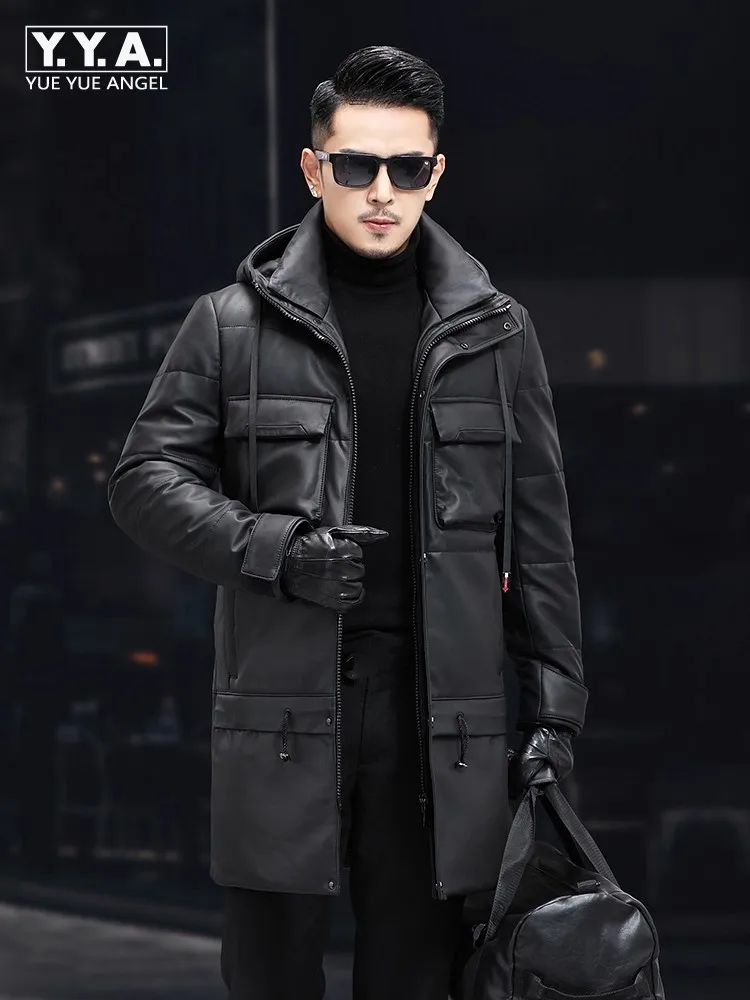 

Winter Luxury Genuine Leather Men Down Jacket Zipper Hooded Long Coat Business Casual Multi Pocket Jackets Sheepskin Warm Coats