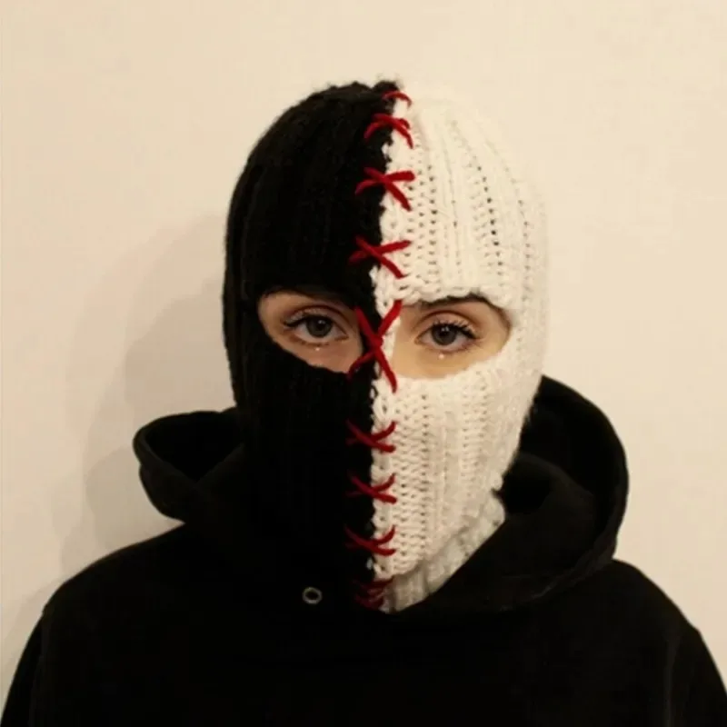 Terrifying Ghost Knitted Winter Balaclava Bucket Hat Full-Head Halloween Cosplay Black and White Stitching Balaclava