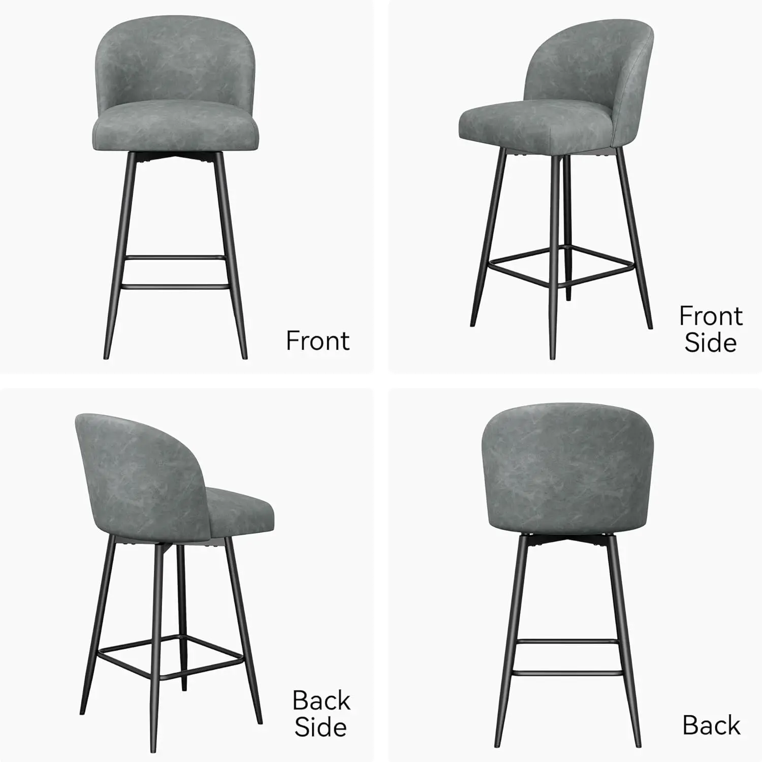 طقم كراسي بارتفاع عداد مكون من 2، 360 درجة °   دوار، ظهر مرتفع، أرجل معدنية، ارتفاع المقعد 26 بوصة، كراسي بار منجدة من جلد البولي يوريثان الرمادي