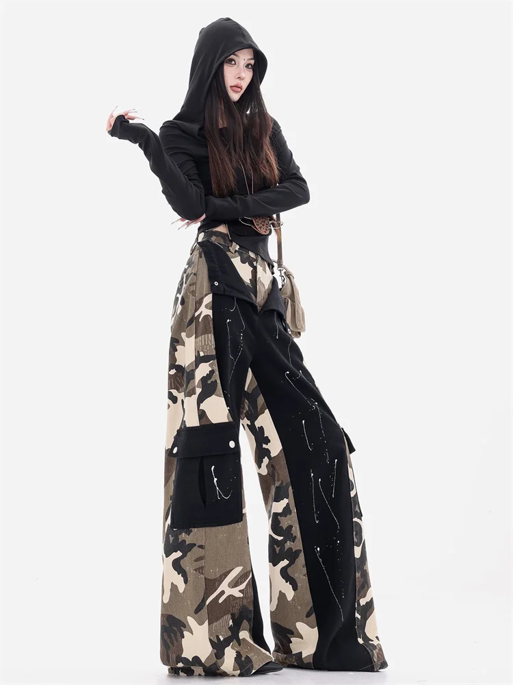 American Designed Fake Two Piece Camo Patchwork Jeans for Women 2025 Autumn New Loose Slim Floor Length Pants