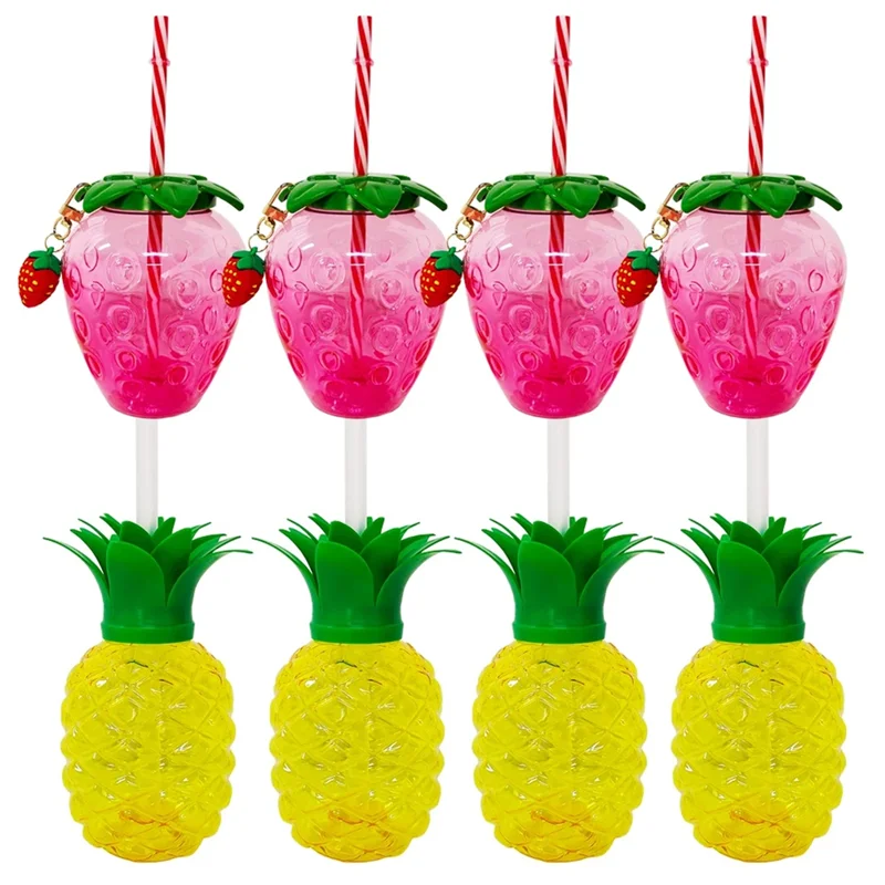 

AD30-8PCS Pineapple Cups Straw Strawberry Cup With Pendant Party Decoration Luau Tropical Summer Beach Drinking Cup