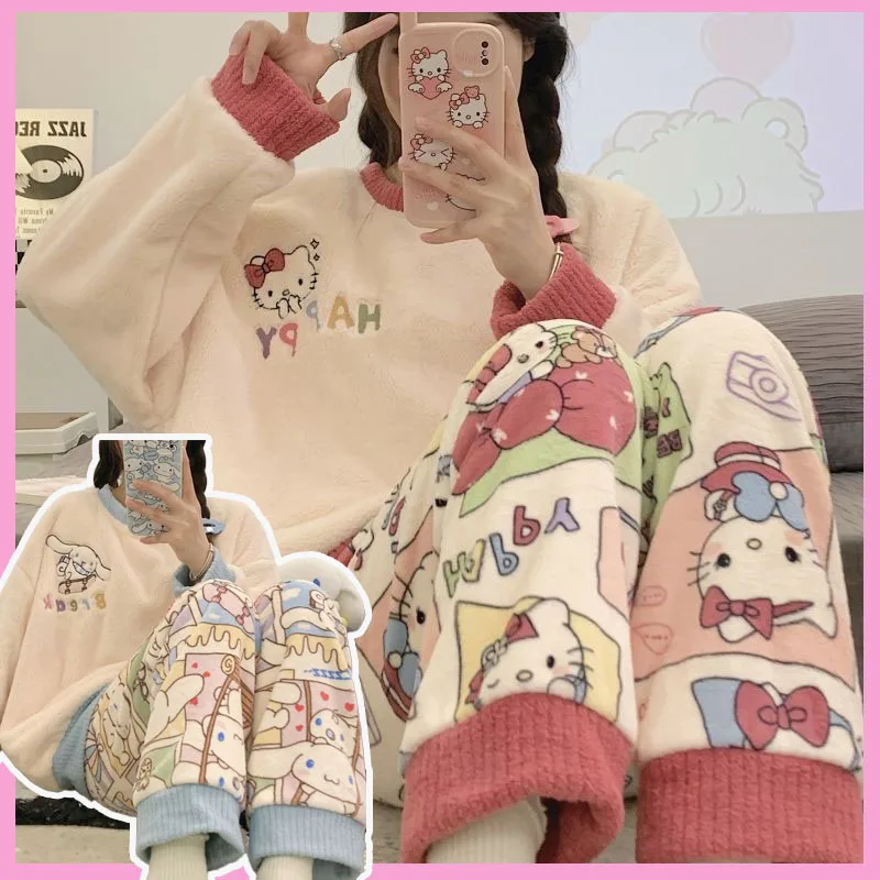 Kawaii Hello Kittys Women\'s Pajamas Winter Cinnamoroll Coral Velvet Warm Student Kuromi Cute Girl Cartoon Long Sleeve Home Cloth