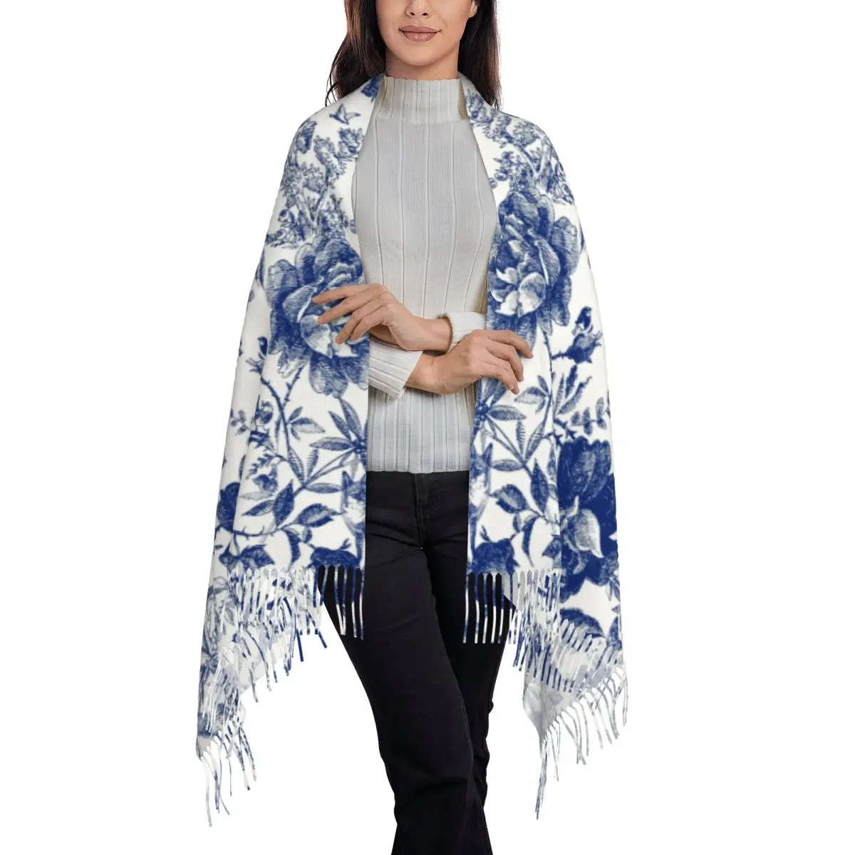 Individuell bedruckter Vintage-Schal mit Blumenmuster und Tierwald für Herren und Damen, warme Schals, französische Toile De Jouy, Schals mit Indigo-Muster