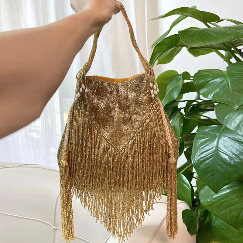 DOYUTIG Brand Women\'s Green Tassels Beaded Handbag Indian\'s Retro Handmade String Totes Lady Embroidery Bead Bag For Party N018