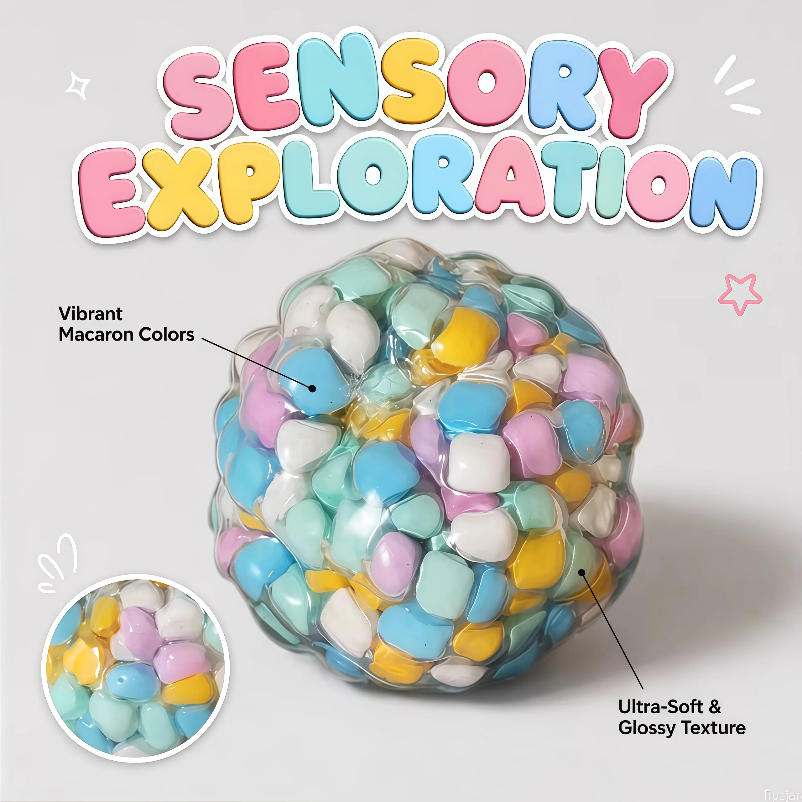 Rainbow Stone Pinch Fun Stress Relief Toy Ball, Noisy Ball, Handmade Ball Pinch Ball, Rainbow Color Stress Relief Toy