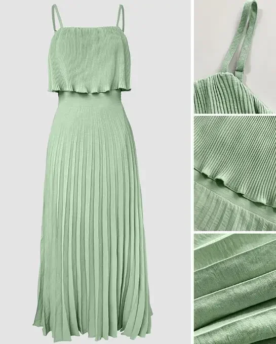 

French Style Adjustable Spaghetti Straps Pleated Design Dress Female Casual Cinched Waist Shirred Back Pleated Vacation Dresses