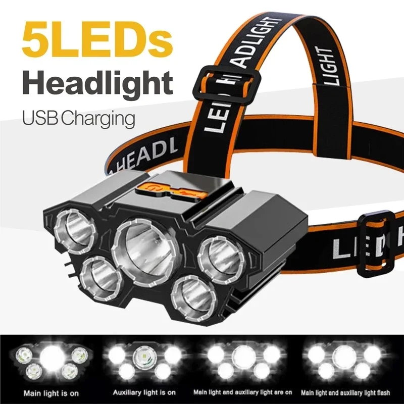 5 LED Strong Light Headlamp Built in 18650 Battery USB Rechargeable Head Flashlight Outdoor Ultra Bright Fishing Camping Lamp