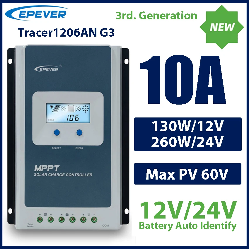 10A MPPT Solar Charge Controller EPEVER Tracer1206AN G3 Charger Regulator 12V 24V Battery Auto Identify LCD Can No Battery