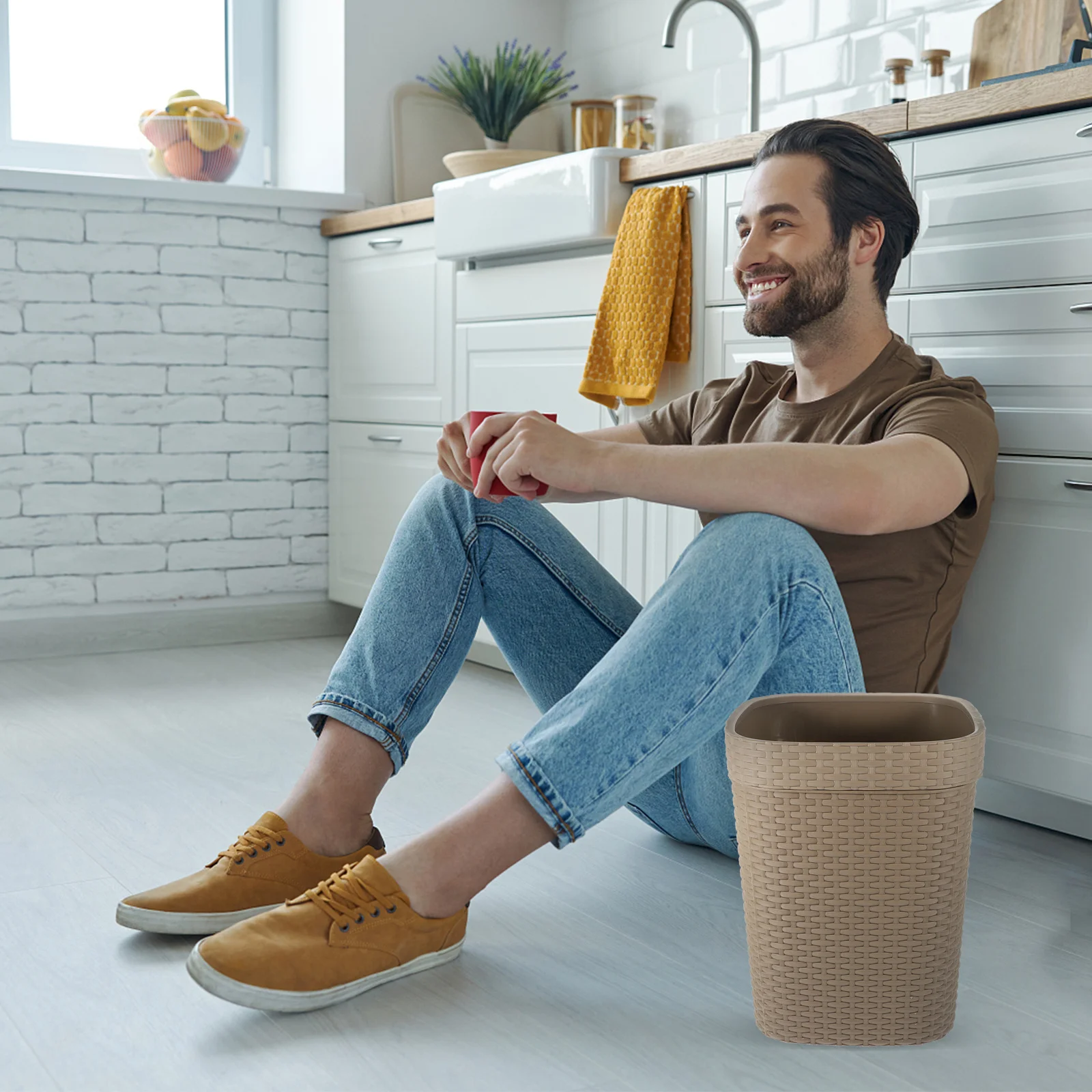 

Imitation Rattan Garbage Can Retro Style Trash Basket Large Capacity Waste Container For Bathroom Office Home Household Storage