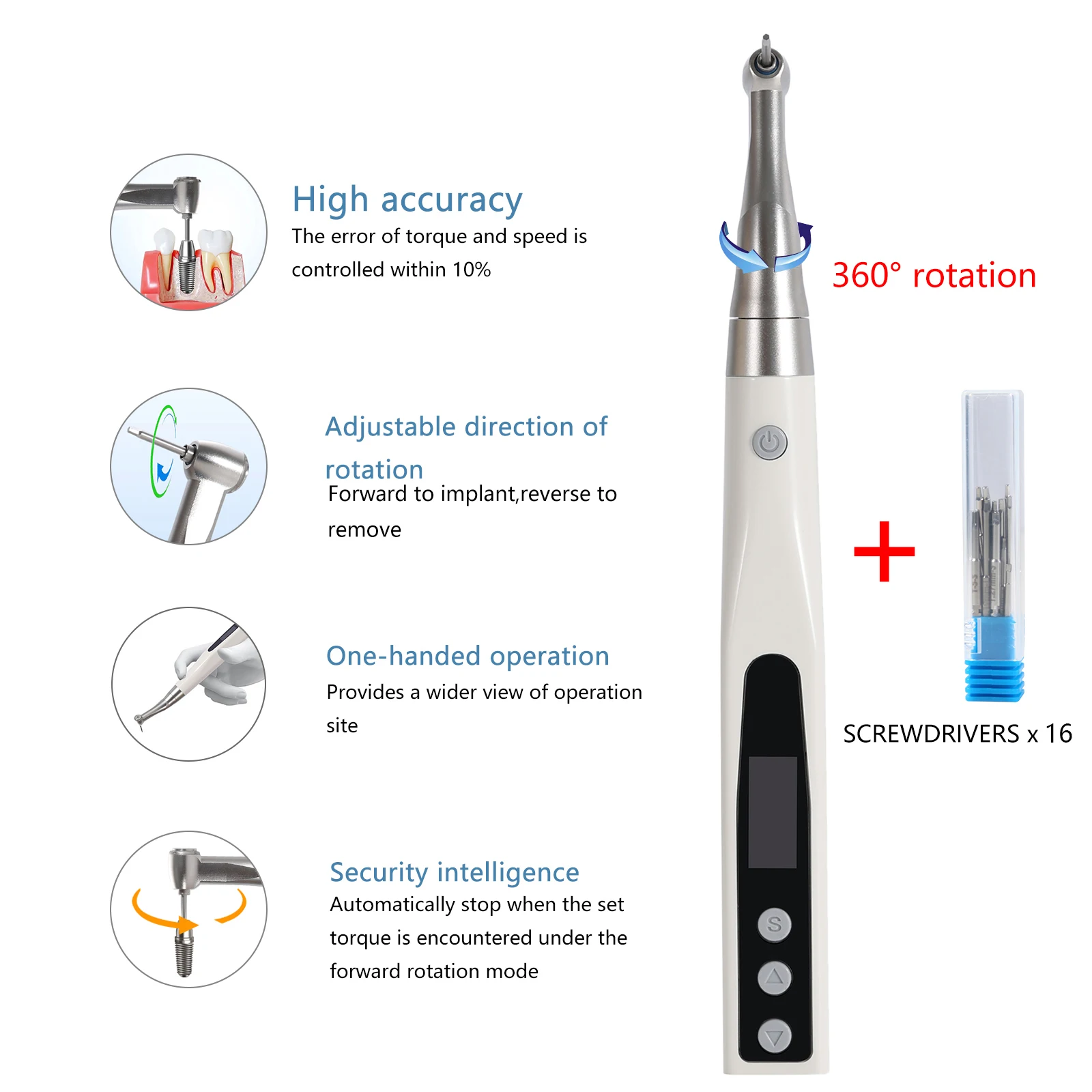 SANDENT Dental 20:1 Wireless Implant Electric Torque Wrench Handpiece Tools 16 Screwdrivers 360° Rotate Dental Surgery Euqipment
