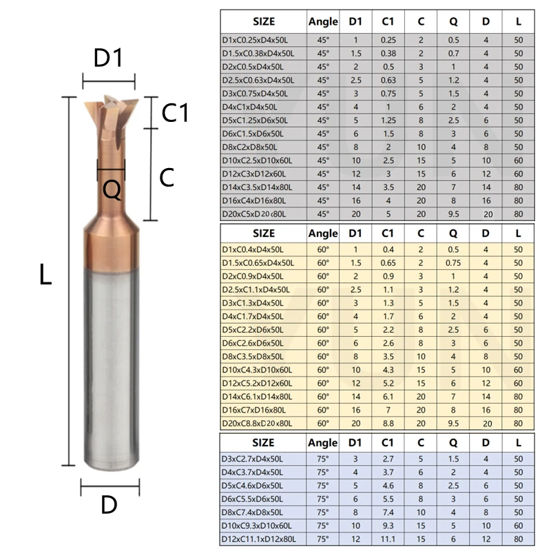 Dovetail Milling Cutter 45 60 75 Degrees Carbide Coating Cnc Tool 3mm-20mm Tungsten Steel Metal Processing Tool Milling Machine