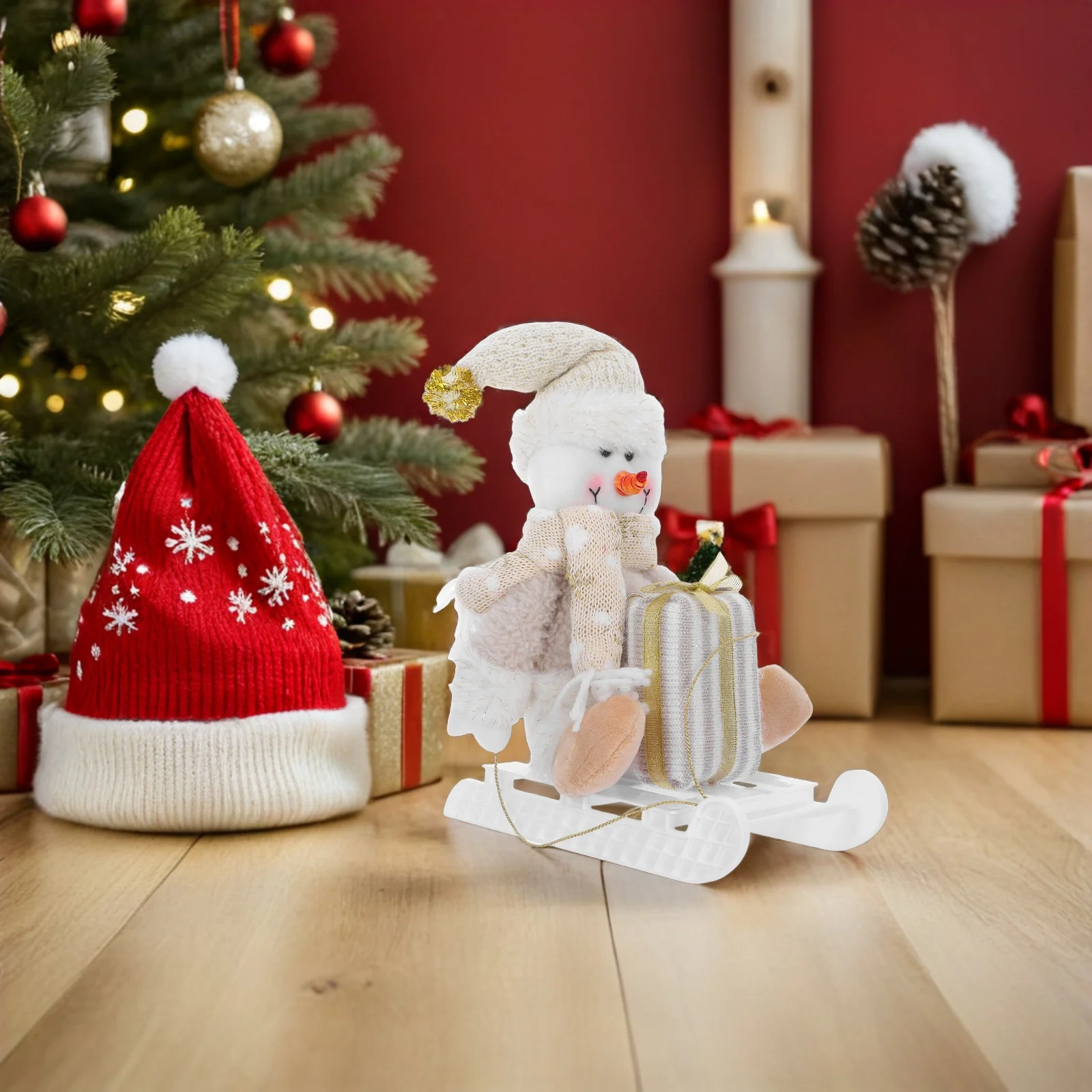 

Christmas Snowman Sleigh Ornament Cute Xmas Snowman on Plastic Sled for Xmas Table Centerpiece and Show Window