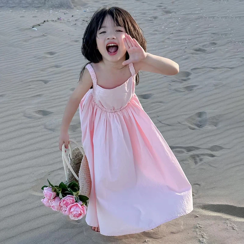 Cute Sleeveless Back-off Casual Dress for Kids Girls Summer Cooling Pettiskirt For Sweet Princess Children Party Beach Traveling