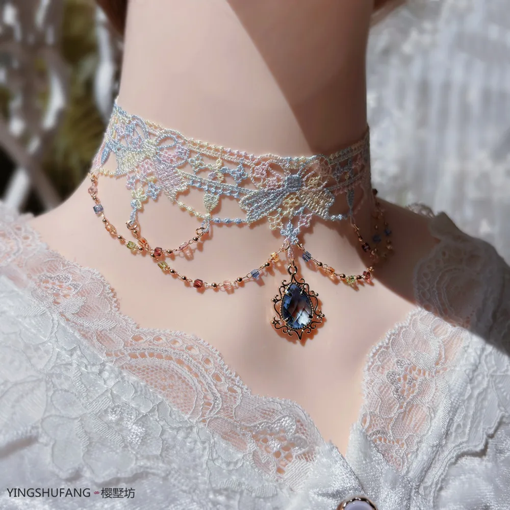 Gradient Color Fantasy Lace Choker Necklace Hand Made Lolita Double Layer Crystal Chain Lightweight Luxury Jewelry Necklace