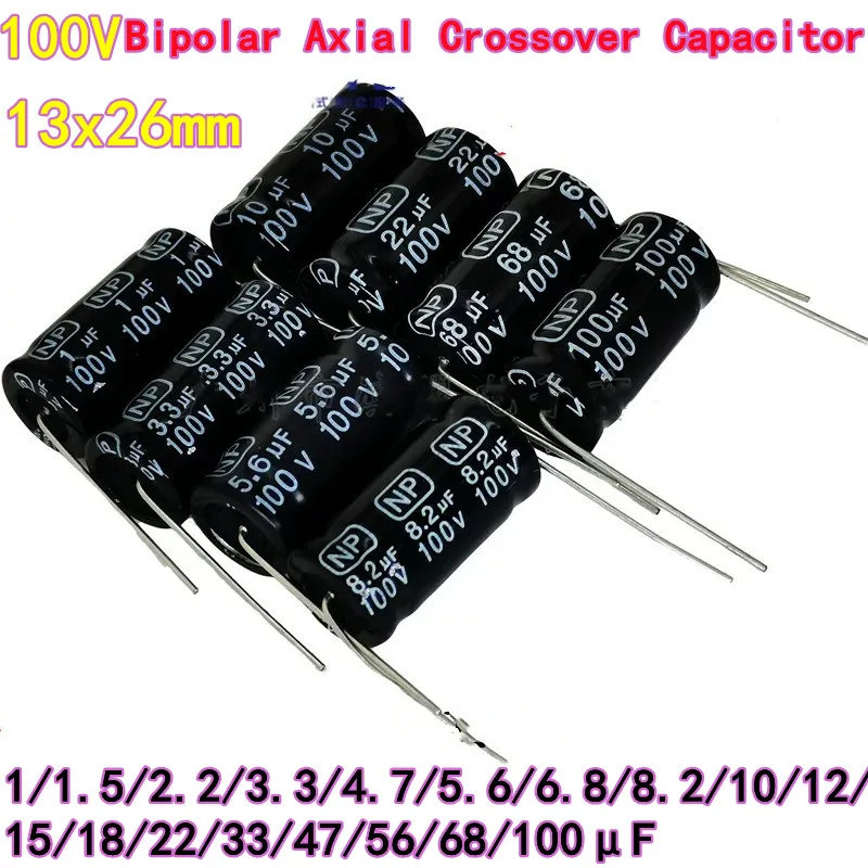 10PCS 100V 2.2/3.3/4.7/6.8/10μF 100V Bipolar Axial Crossover Capacitor, For Tweeter Speaker, Black, 13x26mm