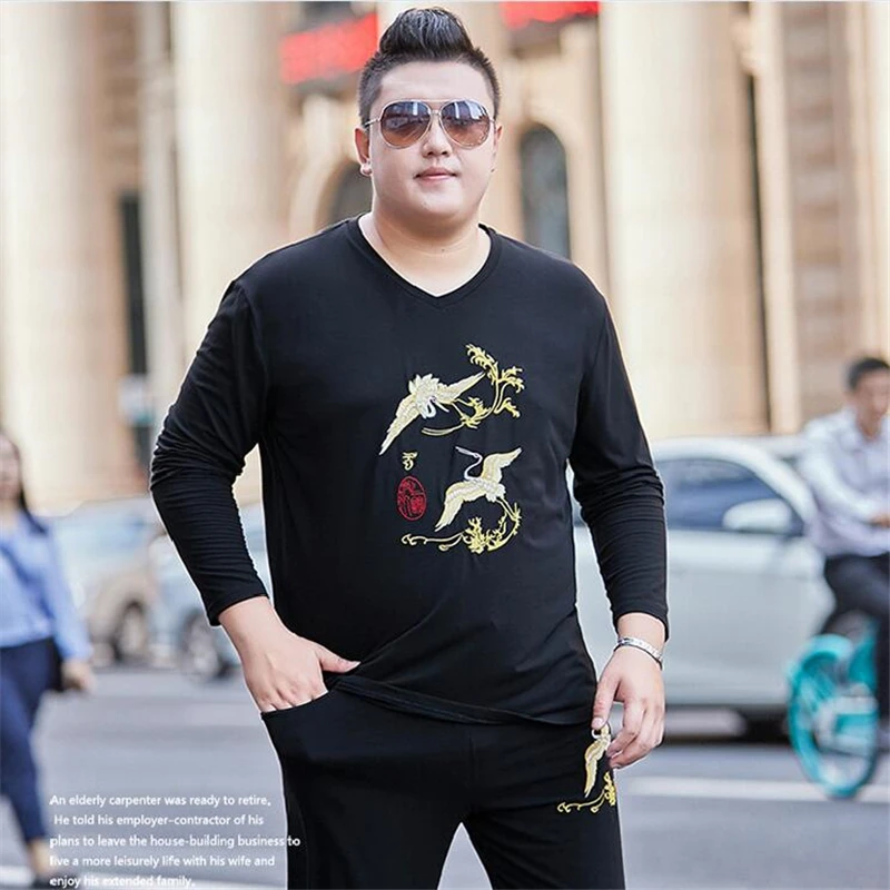 

Chinese Style Embroidery Crane T Shirt Men V-Neck Long Sleeve 7XL Spring High Quality Cotton Fashion Comfortable Loose Camisetas