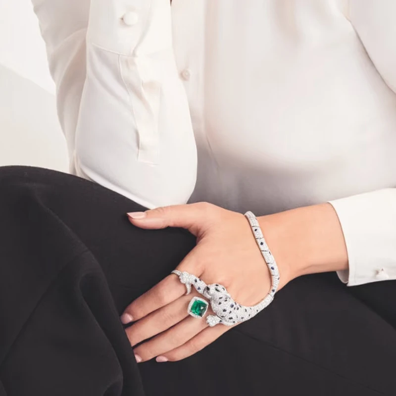 High Craft 925 Silver Lab Green Emerald Gemstone High Carbon DIamonds Panther Leopard Bracelet Link Rings Luxury Fine Jewelry
