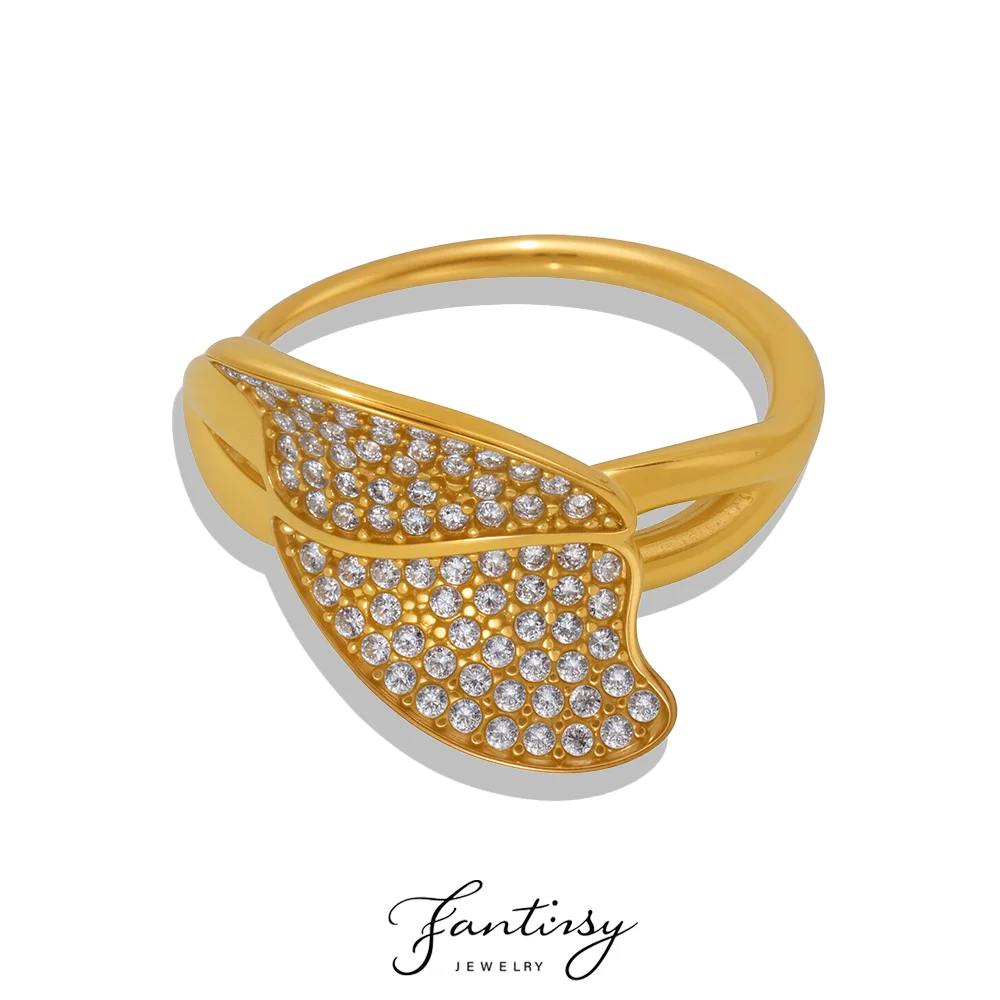 Bague de luxe en acier inoxydable 316 plaqué or, avec zircon en forme d'ailes, couleur or 18 carats, pour femme, bague d'engagement pour couple, bijou de charme pour fille