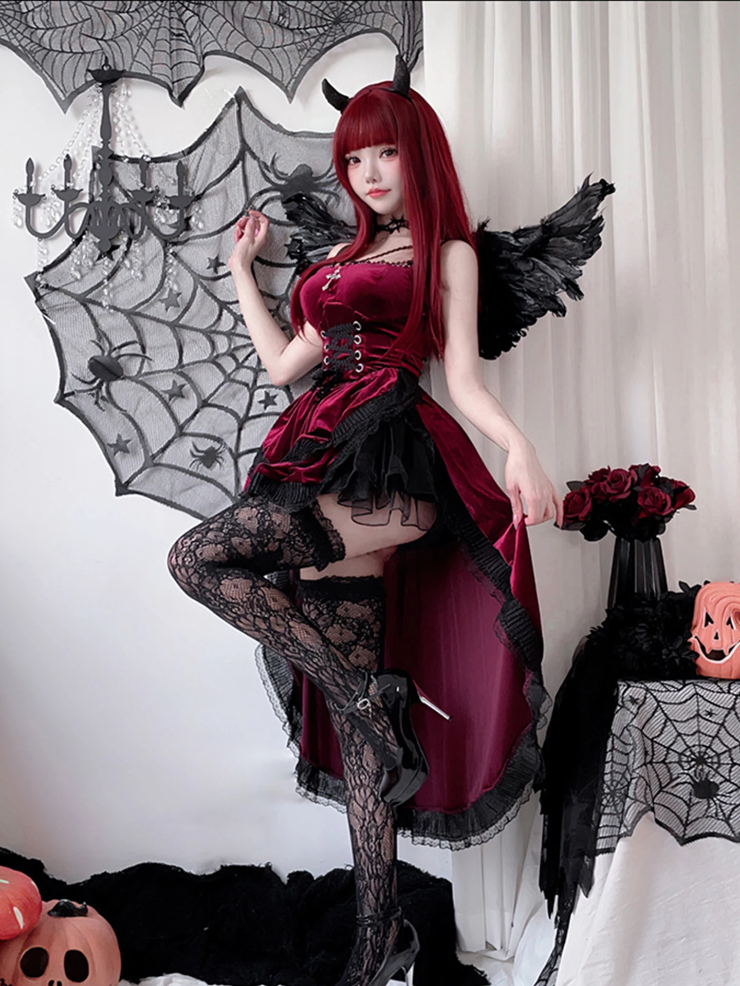 Gothic Halloween Cosplay Dr. Red Bla Lolita Rock Spitze Detailliertes Damen Tailliertes Sle Bell Bot Rock Trägerkleid