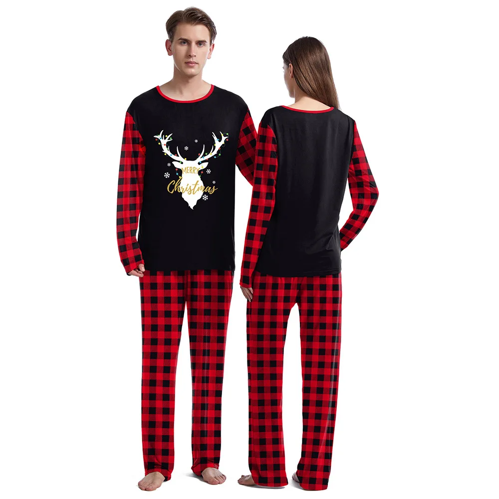 New Elk Christmas Graphic Pajamas Sets for Women Red Checkered Couple Sleepwear Family Matching Outfits New Year Pajamas Clothes