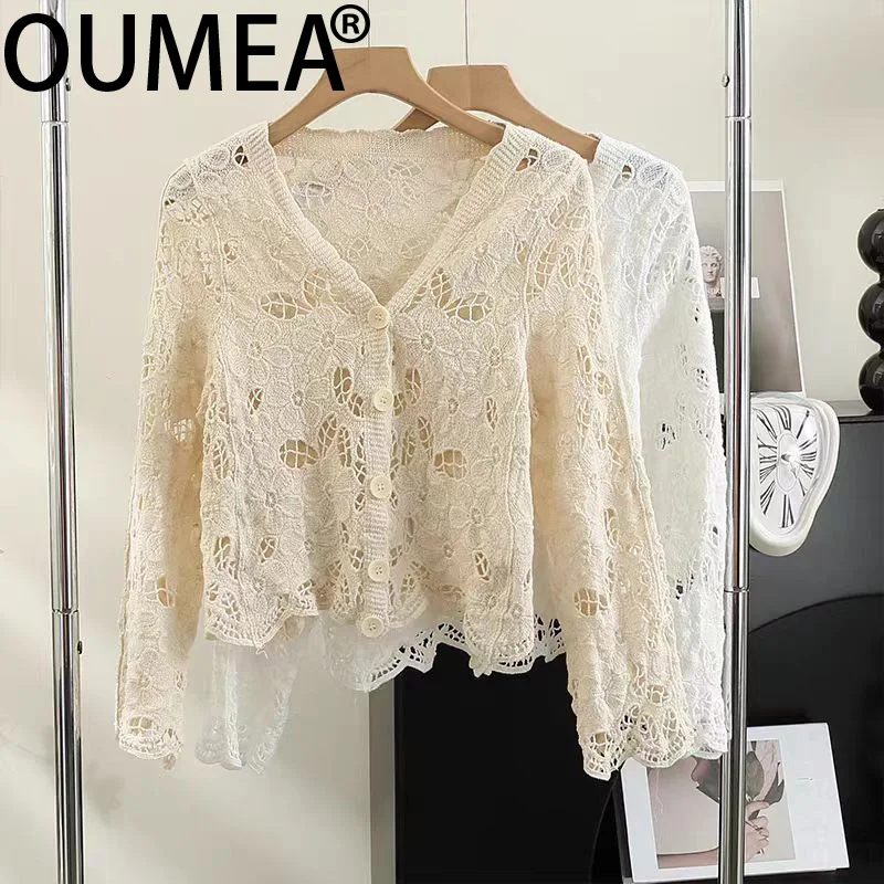 OUMEA Women Crochet Sweater Cardigans Knitting Floral V Neck Beach Cotton Cover Ups Boho Solid Color Long Sleeve Tops