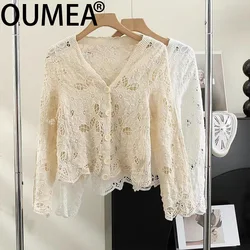 OUMEA Women Crochet Sweater Cardigans Knitting Floral V Neck Beach Cotton Cover Ups Boho Solid Color Long Sleeve Tops