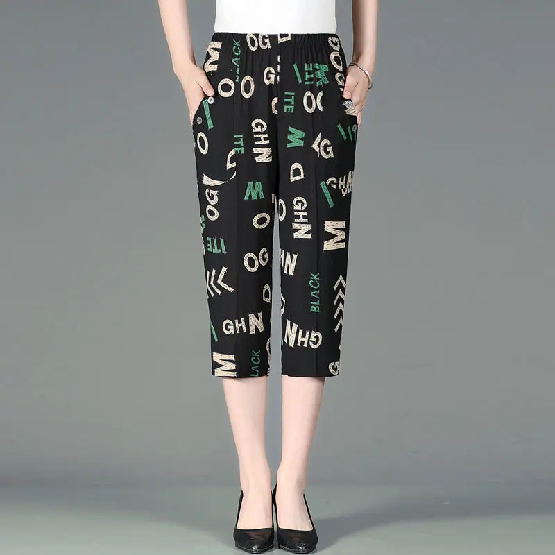 Summer New High Waist Capri Pants Elastic Casual Loose Straight Female Clothing Fashion Pockets Patchwork Vintage Printed Pants