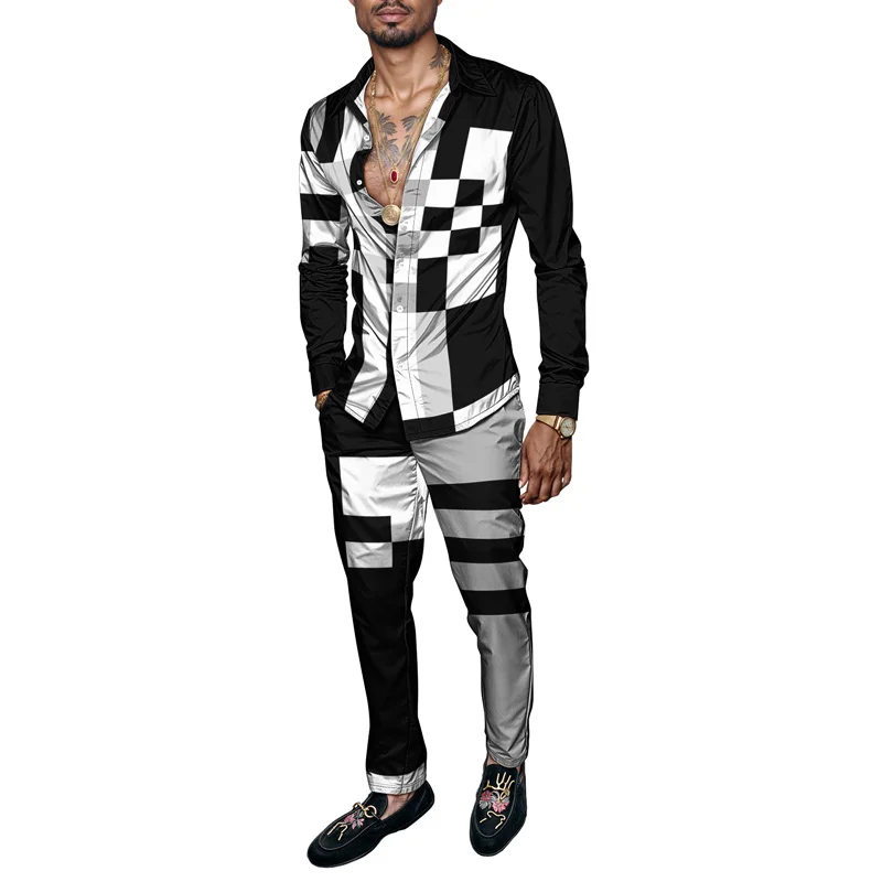 طقم قميص رجالي لربيع وصيف 2025 طباعة ذئب أنيقة تتميز بتصميم السماء المرصعة بالنجوم مكون من قطعتين طقم كون رجالي خفيف الوزن