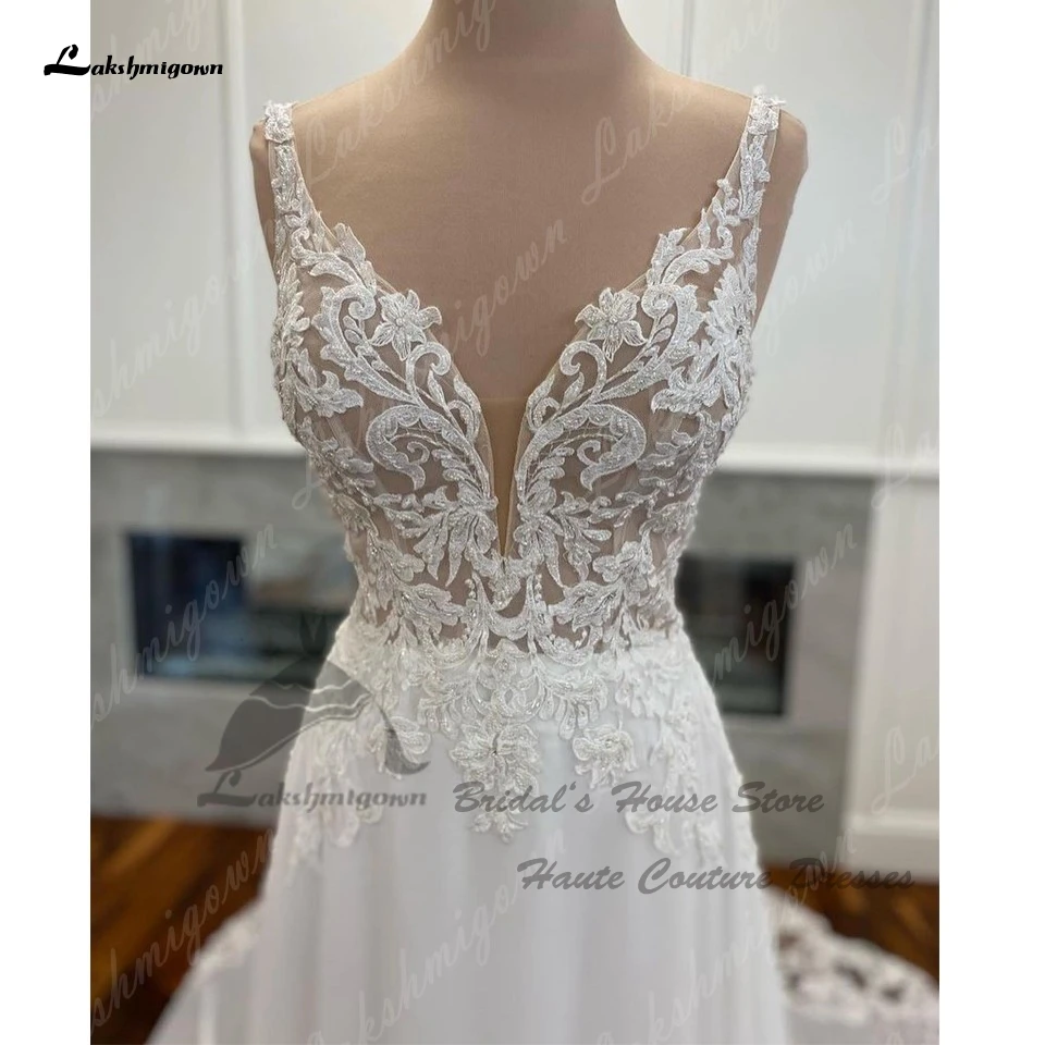 Lakshmigown Luxury Chiffon Long Boho Lace Wedding Dress Customized 2024 Deep V Neck Classic Bridal Beach Wedding Gowns Open Back