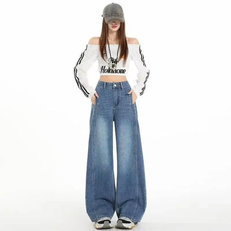 

Женские джинсы с высокой талией и широкими штанинами, свободного кроя, прямые, повседневные, из денима, с эффектом похудения, осенняя новинка