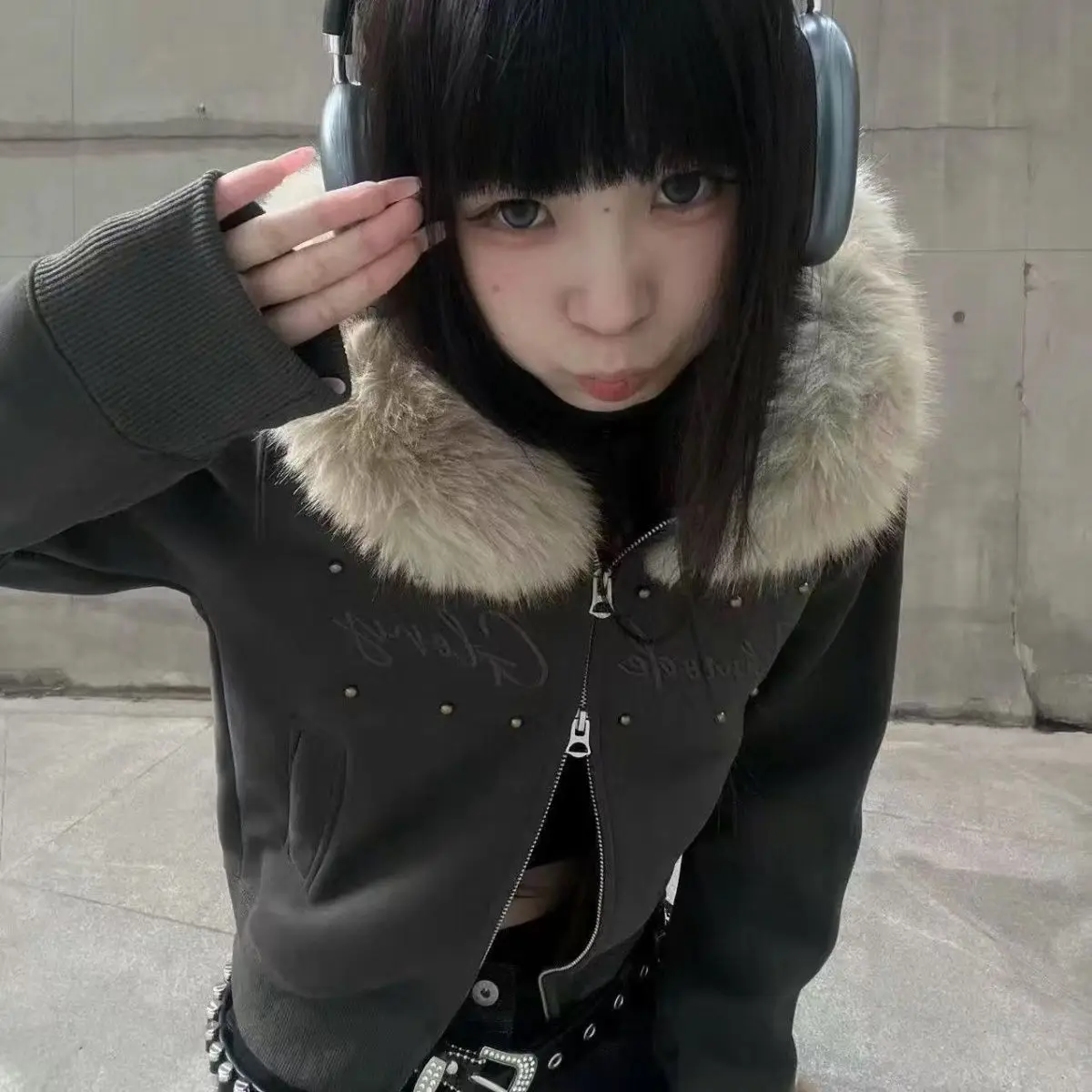 American Rivet Fur Collar Hooded Sweater Fleece Cardigan 2026 Autumn and Winter New Versatile Jacket