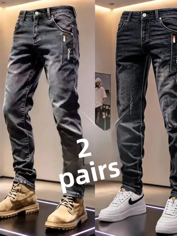 Elastic Embroidered Slim Fit Straight Leg Work Jeans Men's Trendy Casual Patchwork Pressed Flower Men's Pants Spring Autumn