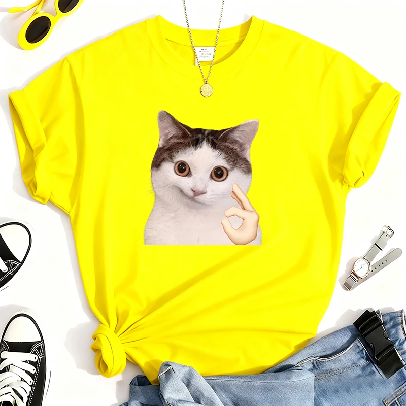 تي شيرت 100% من القطن الخالص مطبوع عليه قطة مضحكة برقبة دائرية، قميص كاجوال بأكمام قصيرة كل يوم لجميع المواسم، ملابس نسائية