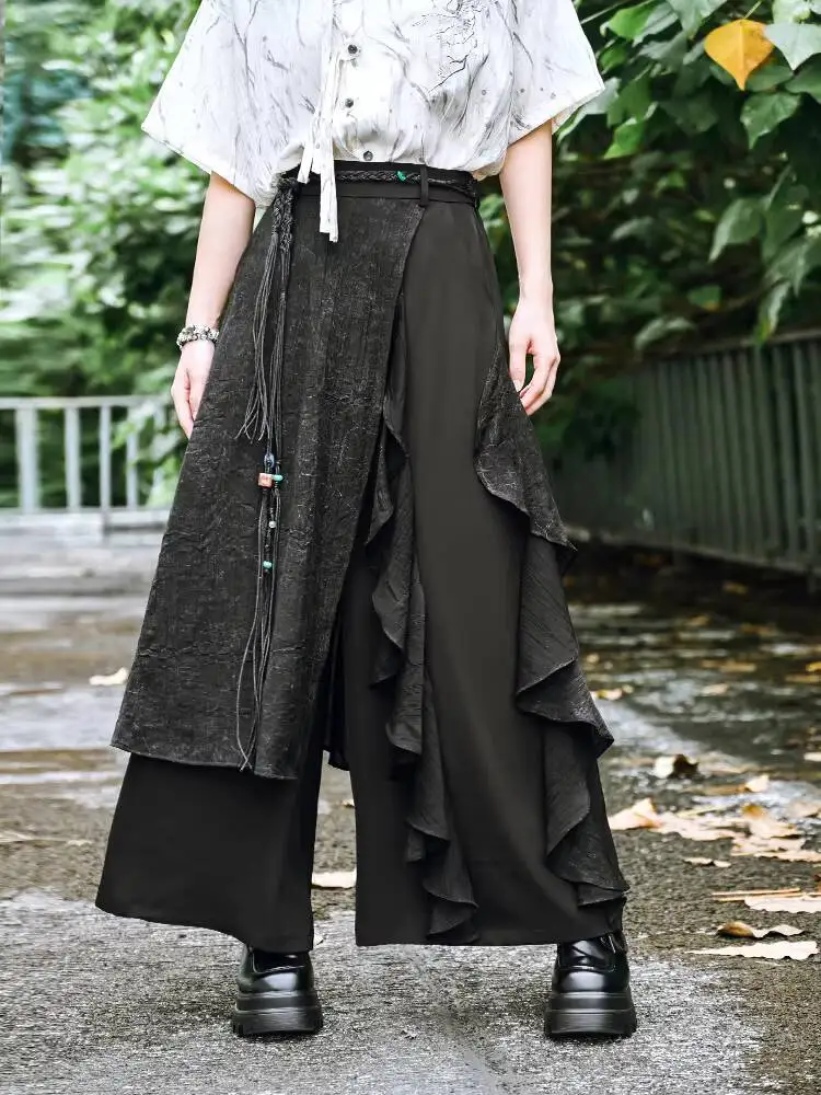 

New Chinese Style Culottes Design Sense Black Splice Double-layer Wide-leg Pants Women Fiesta Carnival Halloween Cos Cosplay