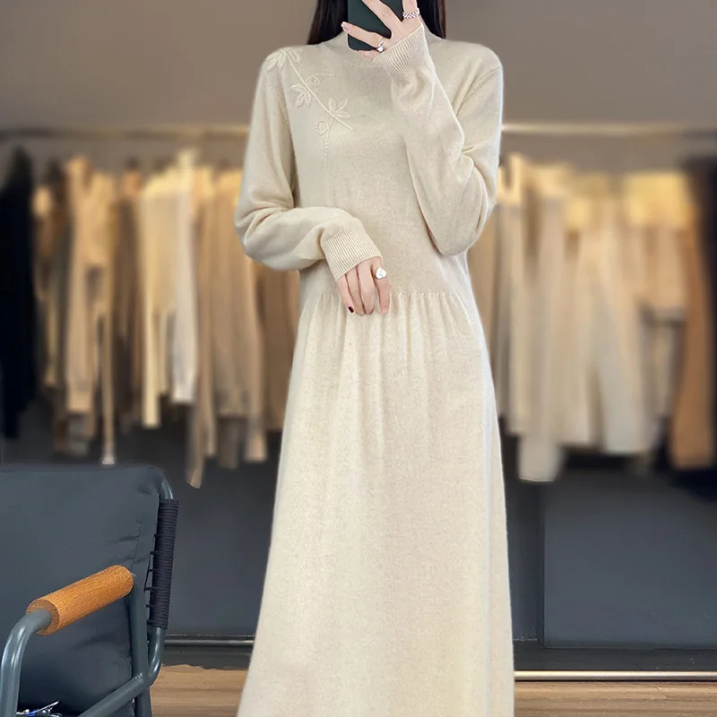 Women\'s Cashmere and Wool Knitting Dresses, Length-keen, Warm, Best Quality Female Dress, New Fashion, Winter, NJ01, 2023