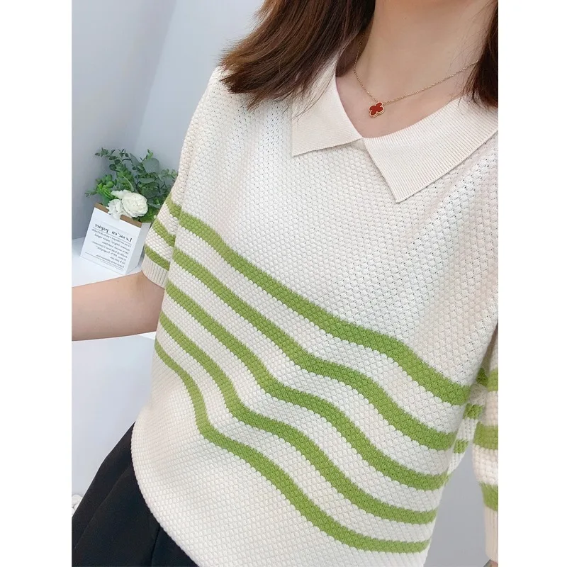 Women's knitted short sleeved 2023 summer T-shirt pure cotton T-shirt knitted short sleeved striped T-shirt women's top T-shirt