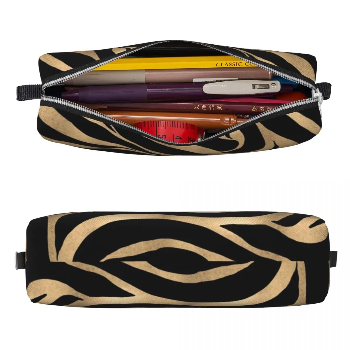 Elegant Metallic Gold Zebra Black Print Pencil Case Cute Animal Skin Texture Pen Holder Bags for Large Storage Pencilcases