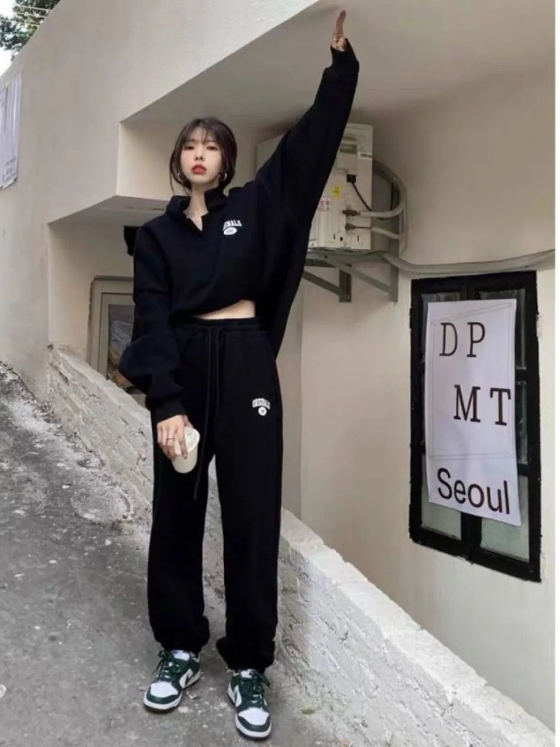 Korean Women Pants Set Solid Tops Half High Collar Hoodies Sweatshirt Print Loose Sweatpants Fashion Tracksuit Female 2pcs Set