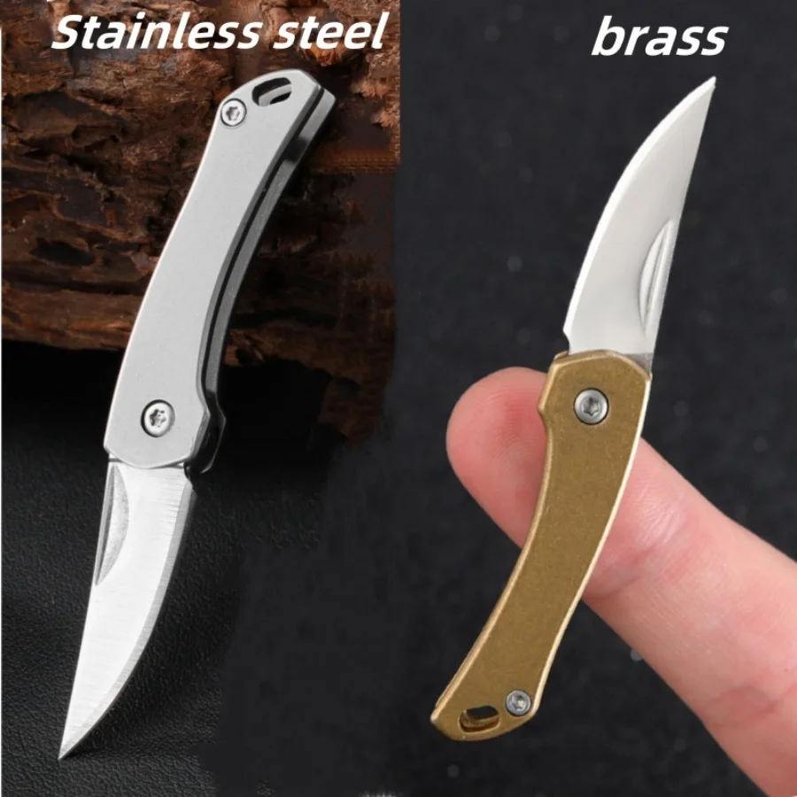 Retro brass pointed small folding knife, portable outdoor camping tool, keychain, unboxing quick knife