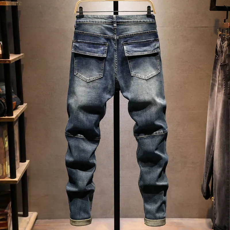 Y2K Fashion New Men's Jeans, Washed, Nostalgic, Stretch, Slim Fit, Large Pocket, Retro Blue Jeans, Designer High Quality Pants