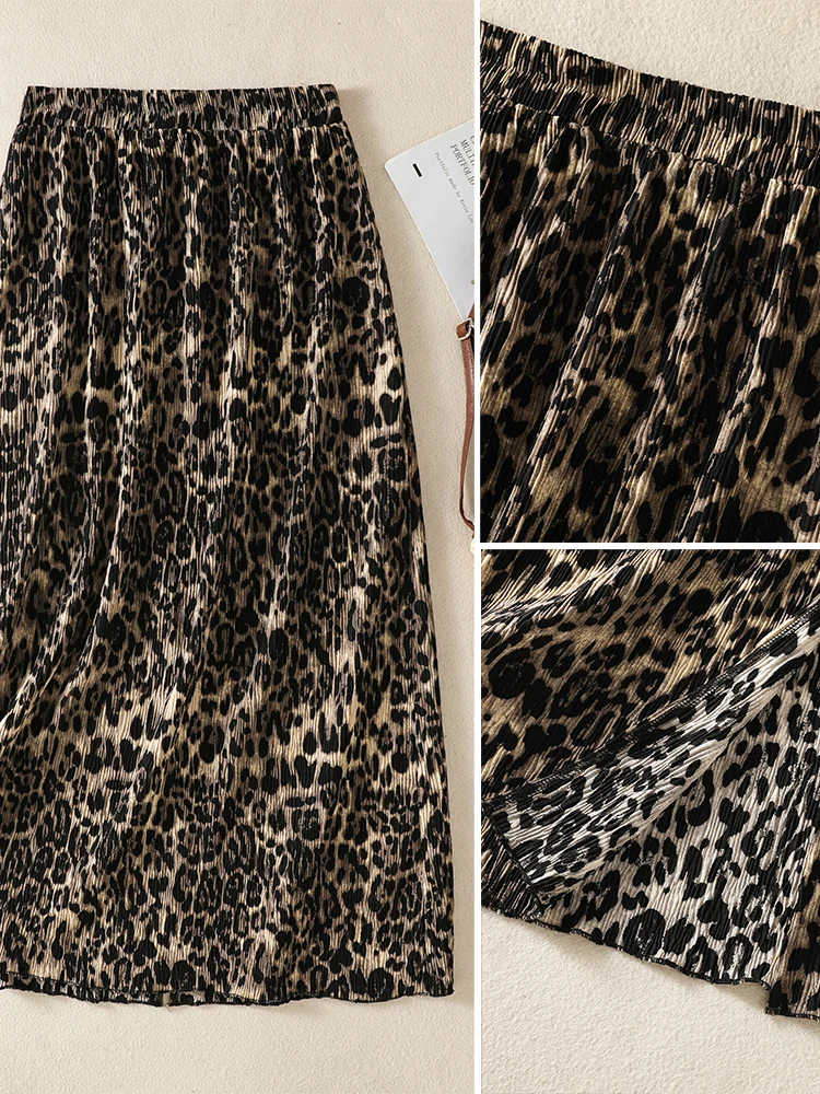 Retro High Waist Straight Cut Long Skirt Women's Print Half Skirt Elastic Waist Leopard Print Fashionable Slimming Summer New...