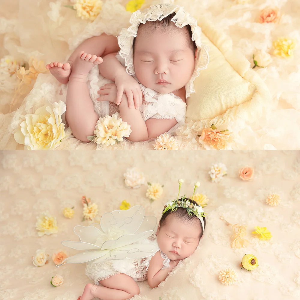 Newborn Baby Girl Photography Outfits Lace Jumpsuit Hat Pillow 3pcs/Set Costume Headdress Butterfly Wing Mesh Blanket Photo Prop