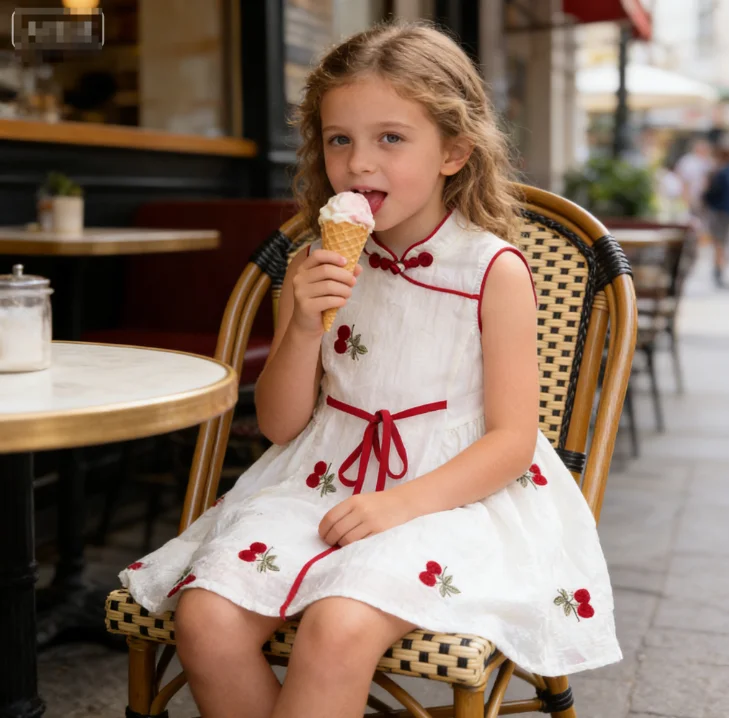 

Летнее платье для девочек с цветочной вышивкой и вишневым принтом, дышащее, для малышей 0-3 лет, прохладное, с коротким рукавом, милое платье-принцесса