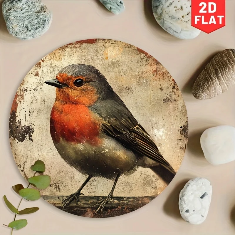 Placa de madera de alta definición, cartel redondo de madera vintage europeo con diseño de pico pardo, arte de pared con estampado de pájaro de pecho rojo rústico y desgastado, estilo retro